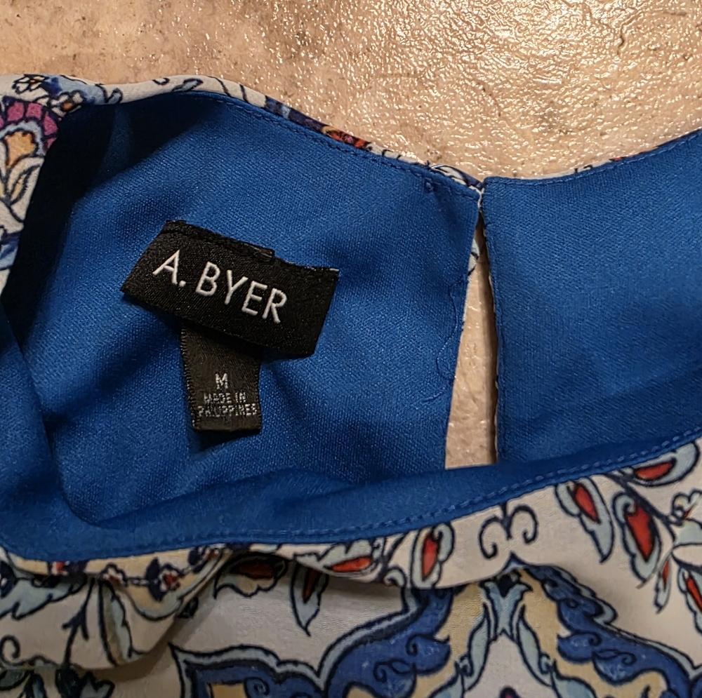 A. BYER Blue Floral Pattern Dress Size Medium Solid Blue Slip Underneath - Picture 4 of 5
